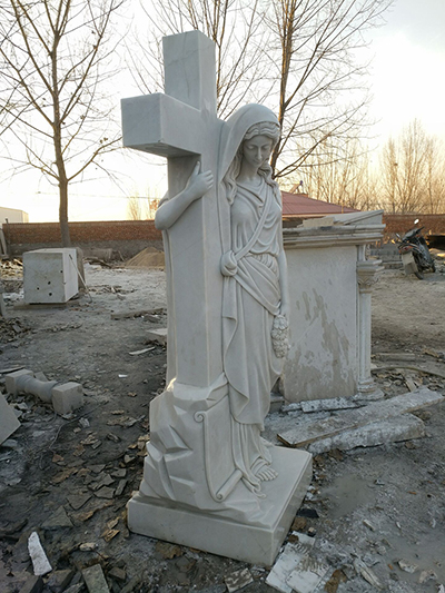 Religious Hand Carved White Marble Mary Holds Cross Statue