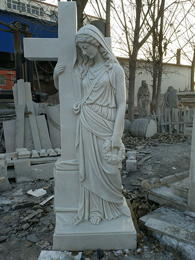 Religious Hand Carved White Marble Mary Holds Cross Statue