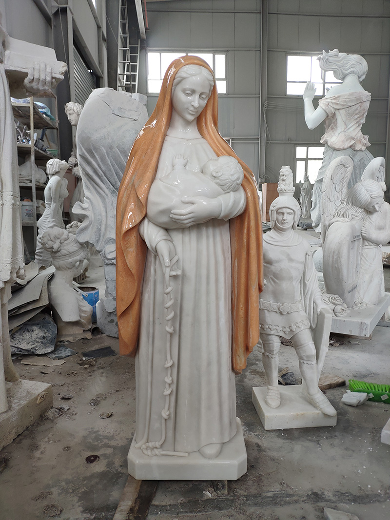 Religious Hand Carved Marble Mary Holds Baby Jesus