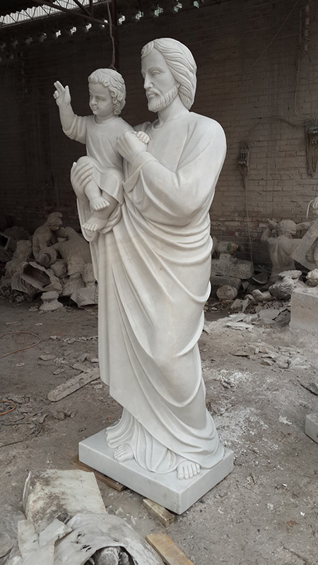 Religious white marble Joseph holds baby Jesus statue for church usage