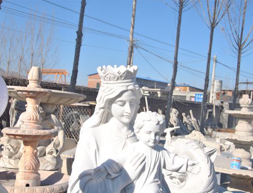 Religious Marble Mary Holds Baby Jesus for Church Usage