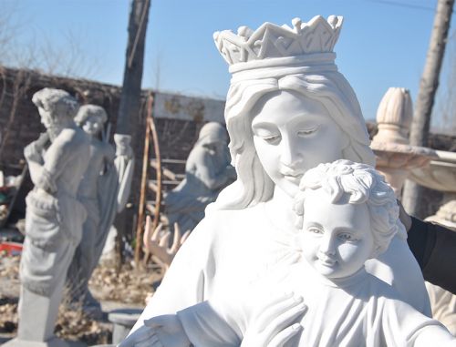 Religious Marble Mary Holds Baby Jesus for Church Usage