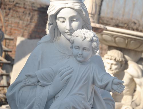 Religious Marble Mary Holds Baby Jesus for Church Usage