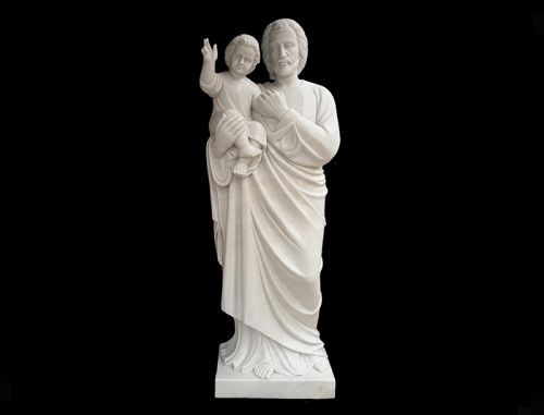 Religious white marble Joseph holds baby Jesus statue for church usage