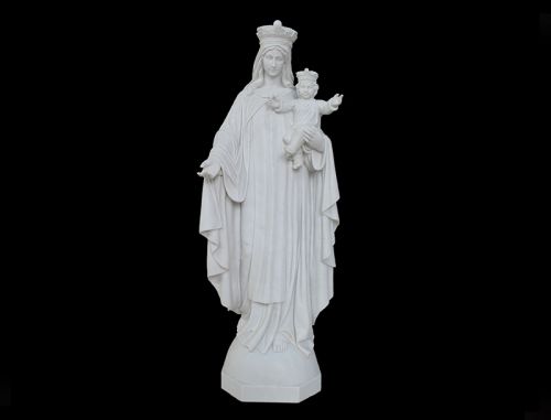 Religious hand carved marble Mary holds baby Jesus