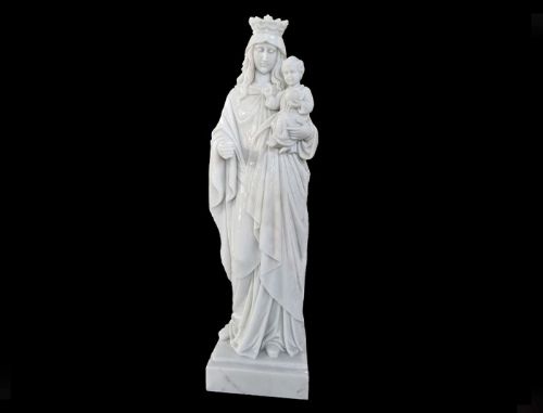 Religious hand carved marble Mary holds baby Jesus