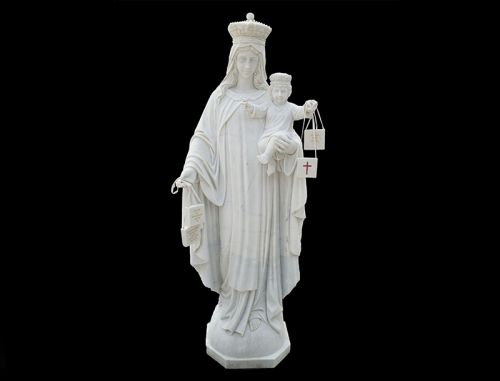 Religious marble Mary holds baby Jesus for church usage