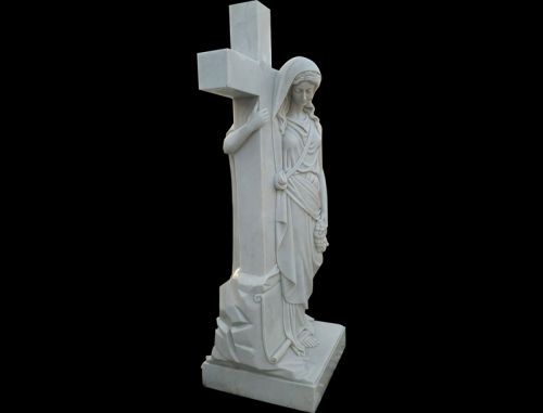 Religious Hand Carved White Marble Mary Holds Cross Statue