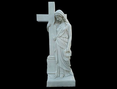 Religious Hand Carved White Marble Mary Holds Cross Statue