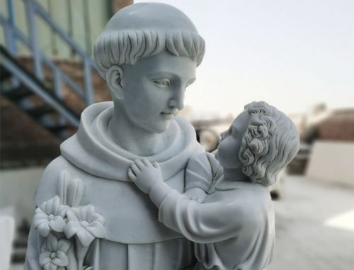 Life size religious marble Joseph holds baby Jesus statue