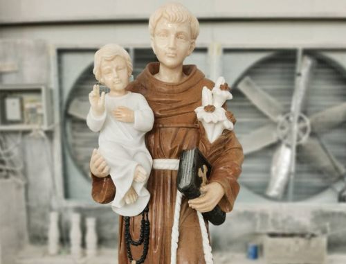 Life size religious marble Joseph holds baby Jesus statue